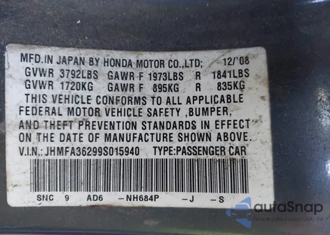 2009 Honda Civic Hybrid from USA, damaged, VIN JHMFA36299S015940
